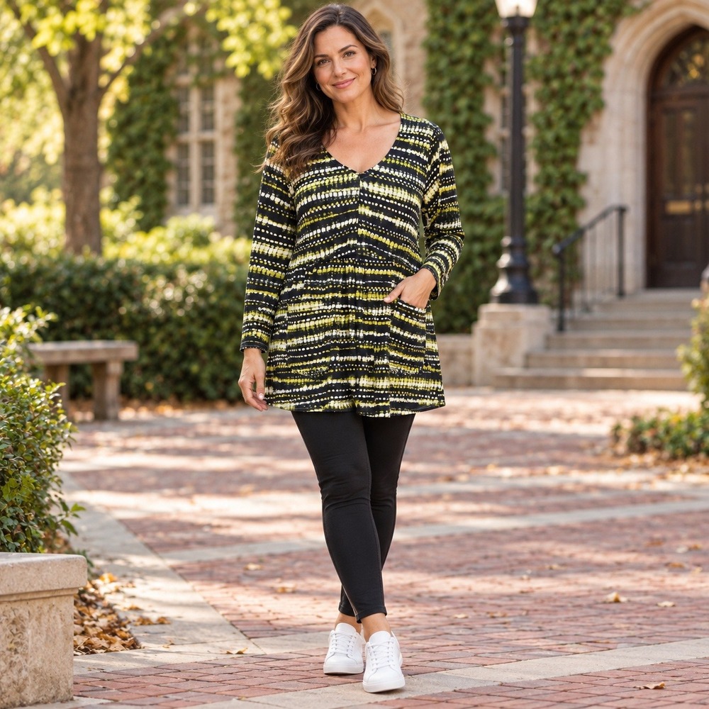 Bonmarché Size 14 Black Yellow Printed Long Sleeve Tunic Top with Pockets
